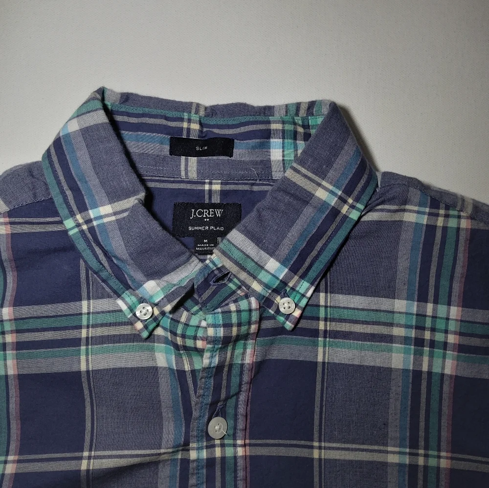 J.Crew Mens Button Down Medium Blue Green Summer Plaid‎ Slim Fit Preppy Casual